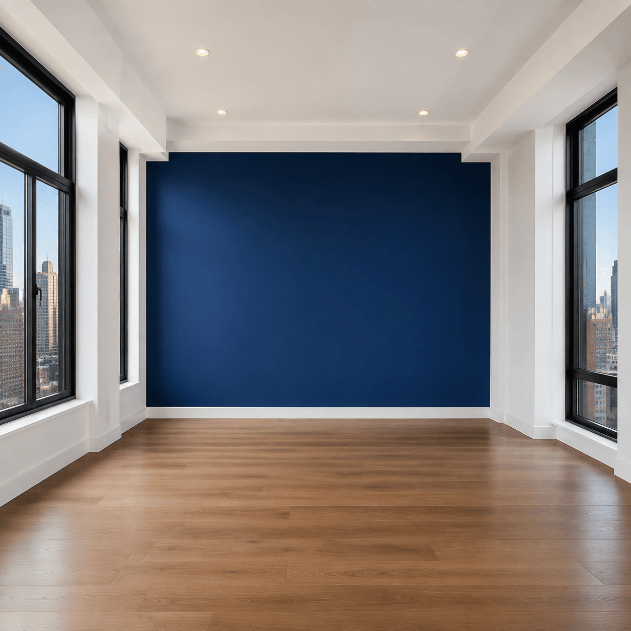 Navy blue accent wall with trim in a finishid New York apartment