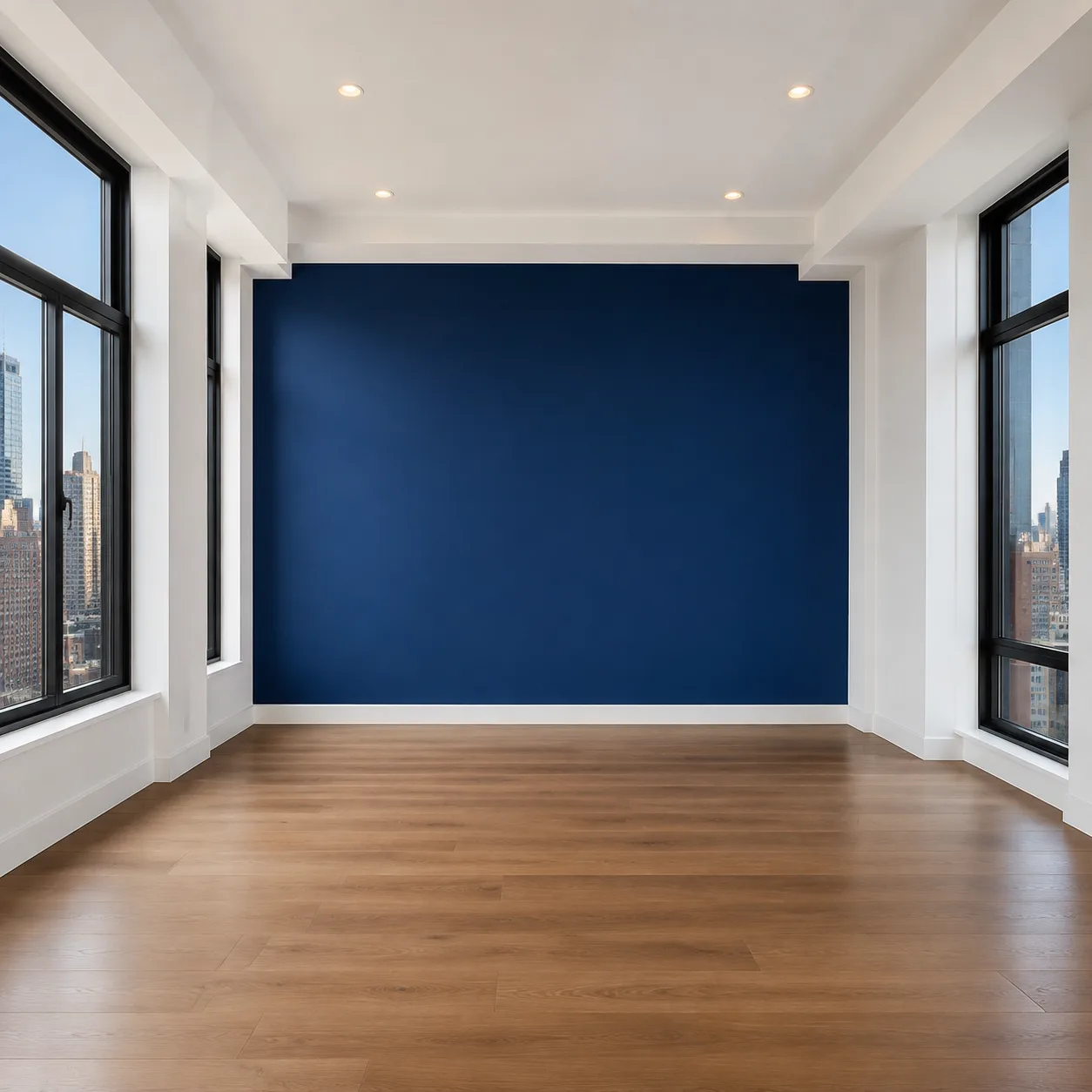 Navy blue accent wall with trim in a finishid New York apartment